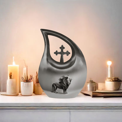 10-inch Lion Themed Memorial Urn with Cross Drop Design