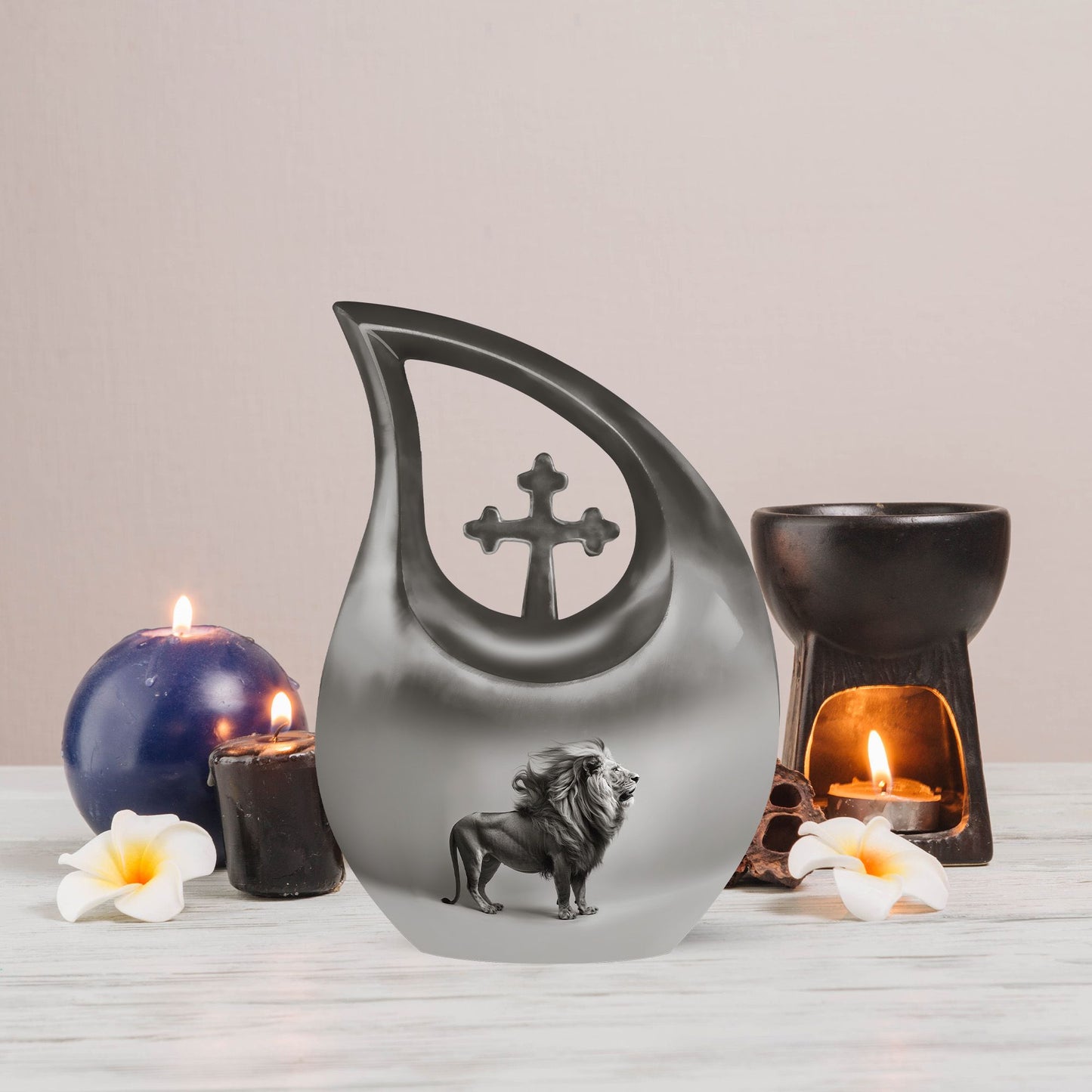 10-inch Lion Themed Memorial Urn with Cross Drop Design
