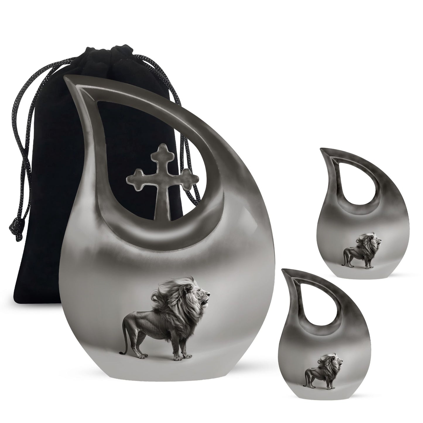 10-inch Lion Themed Memorial Urn with Cross Drop Design