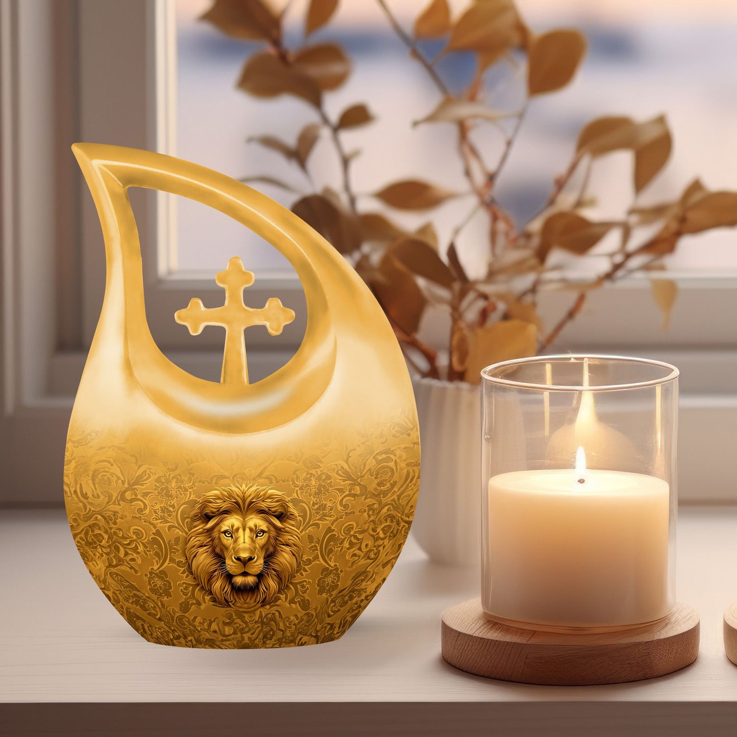 10-inch Lion Urn with Cross Drop design,