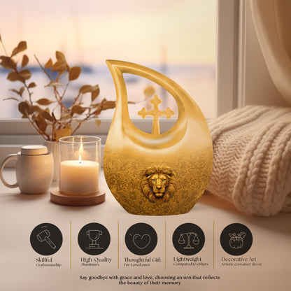 10-inch Lion Urn with Cross Drop design,