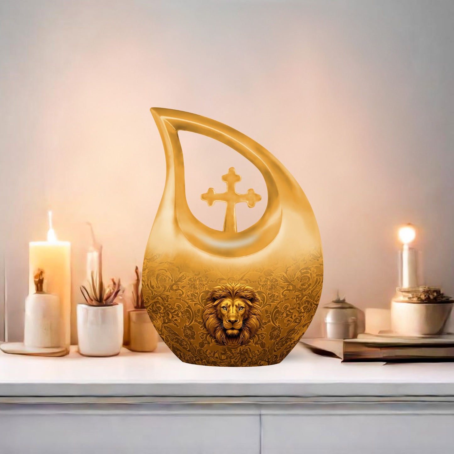 10-inch Lion Urn with Cross Drop design,