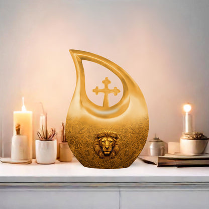 10-inch Lion Urn with Cross Drop design,