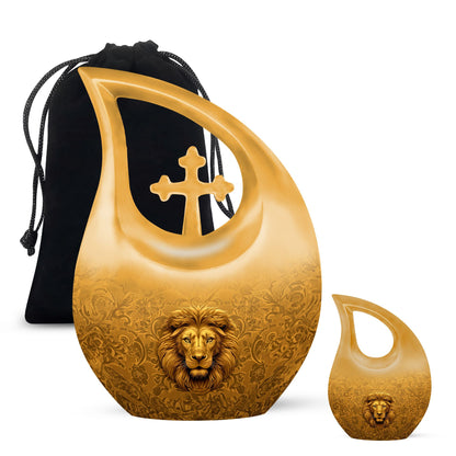 10-inch Lion Urn with Cross Drop design,