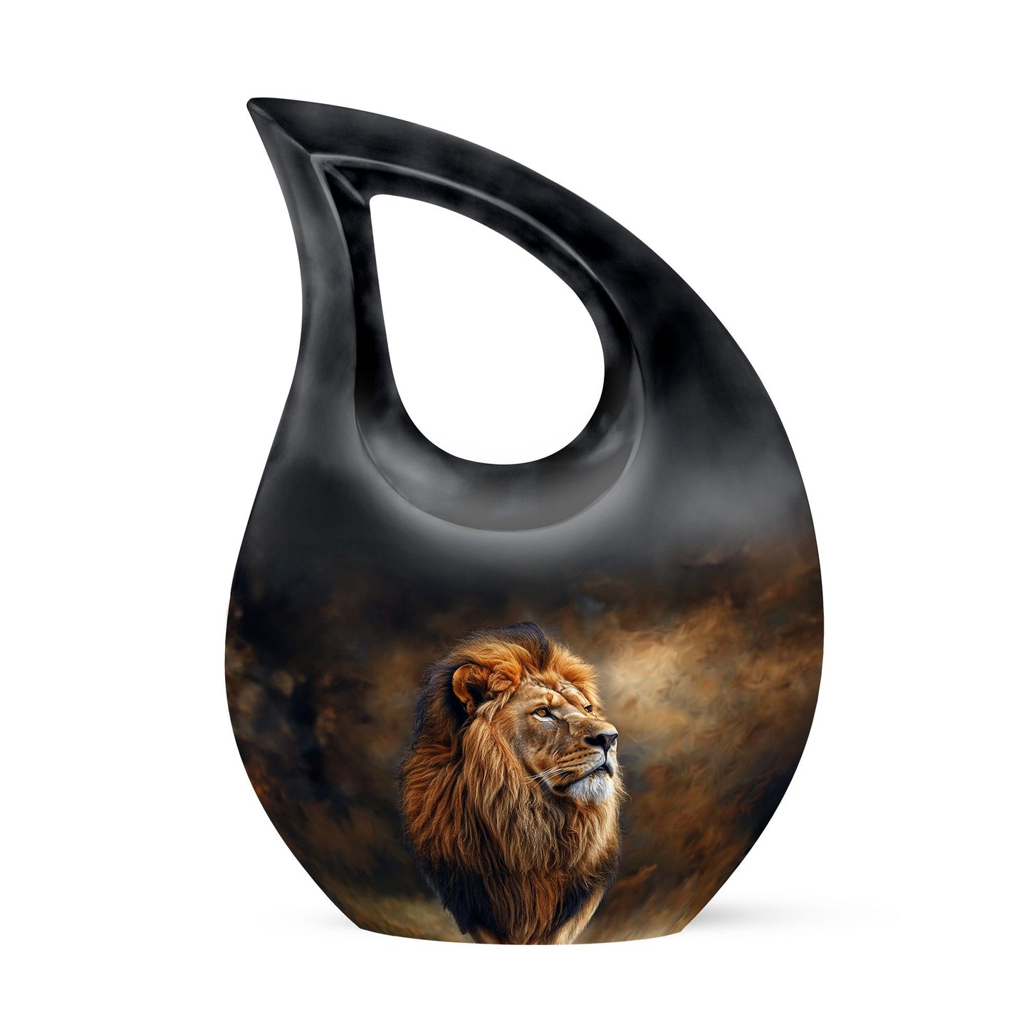 10-inch Lion themed custom mom urn with cross drop design 