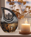 10-inch Lion themed custom mom urn with cross drop design 