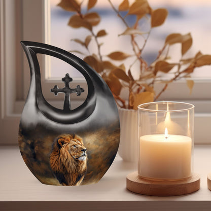10-inch Lion themed custom mom urn with cross drop design 
