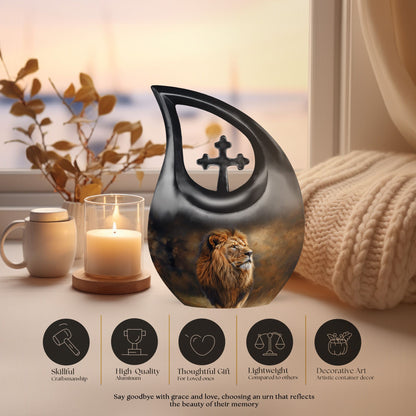 10-inch Lion themed custom mom urn with cross drop design 