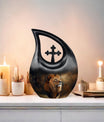 10-inch Lion themed custom mom urn with cross drop design 
