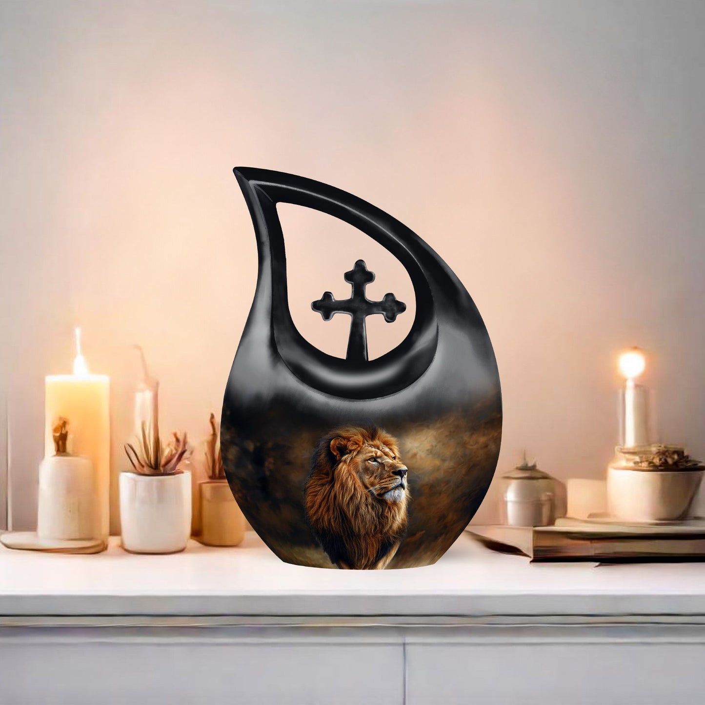 10-inch Lion themed custom mom urn with cross drop design 
