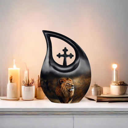 10-inch Lion themed custom mom urn with cross drop design 
