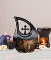 10-inch Lion themed custom mom urn with cross drop design 