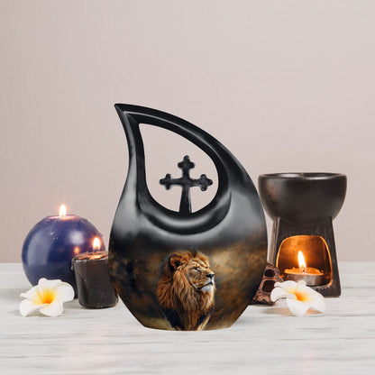 10-inch Lion themed custom mom urn with cross drop design 