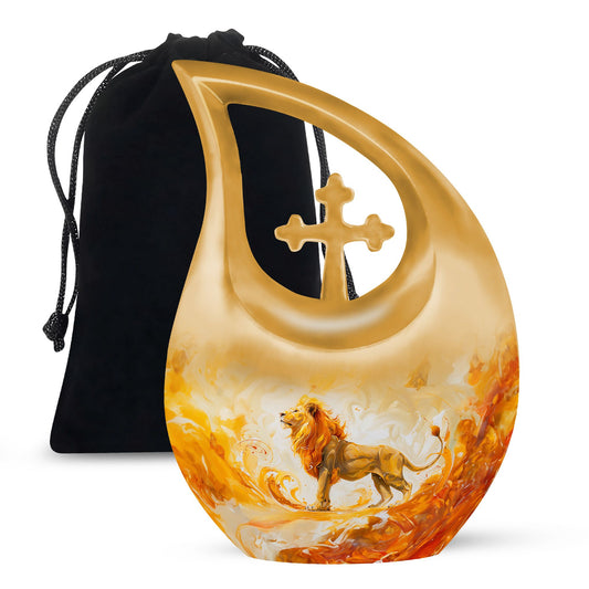 10-inch Lion Urn with Cross Drop design, 