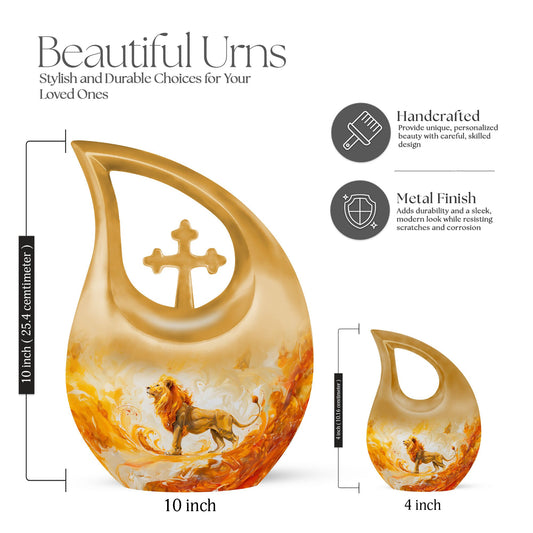 10-inch Lion Urn with Cross Drop design, 