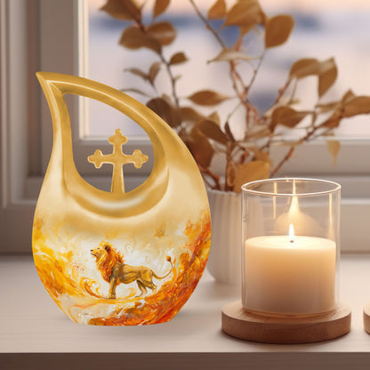 10-inch Lion Urn with Cross Drop design, 
