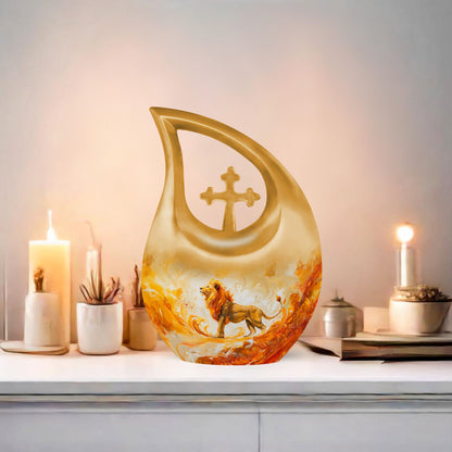 10-inch Lion Urn with Cross Drop design, 