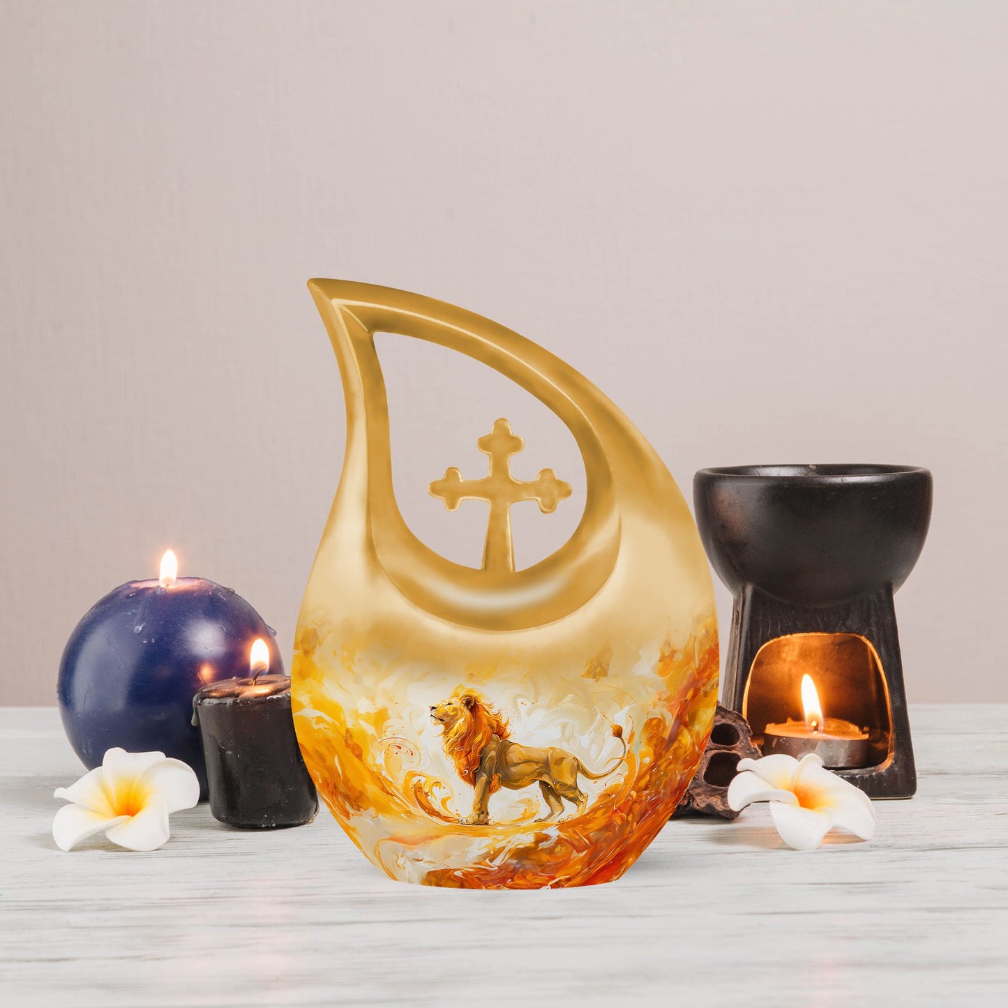 10-inch Lion Urn with Cross Drop design, 