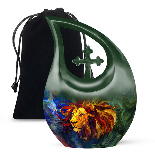 10-inch Lion Urn with Cross Drop design, 