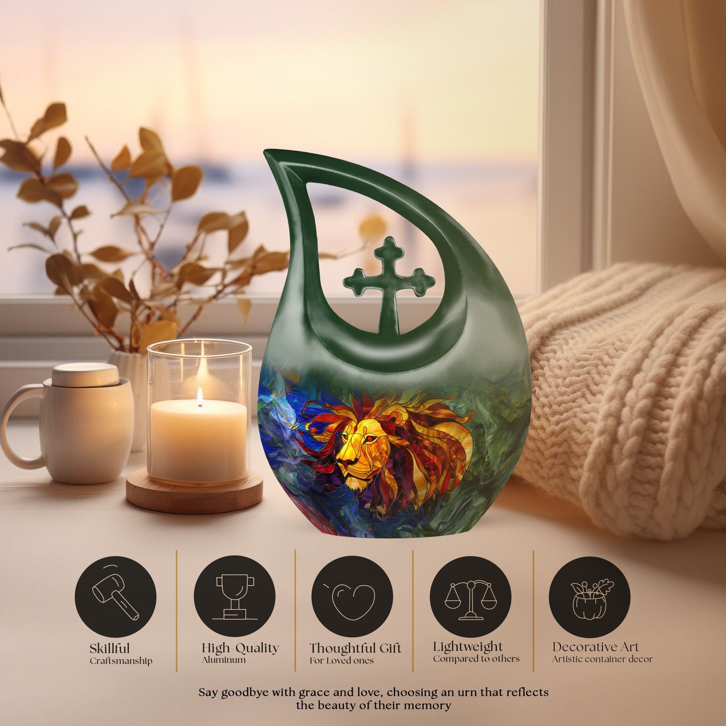 10-inch Lion Urn with Cross Drop design, 