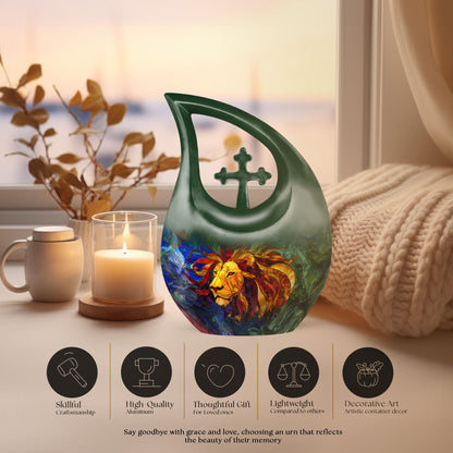 10-inch Lion Urn with Cross Drop design, 