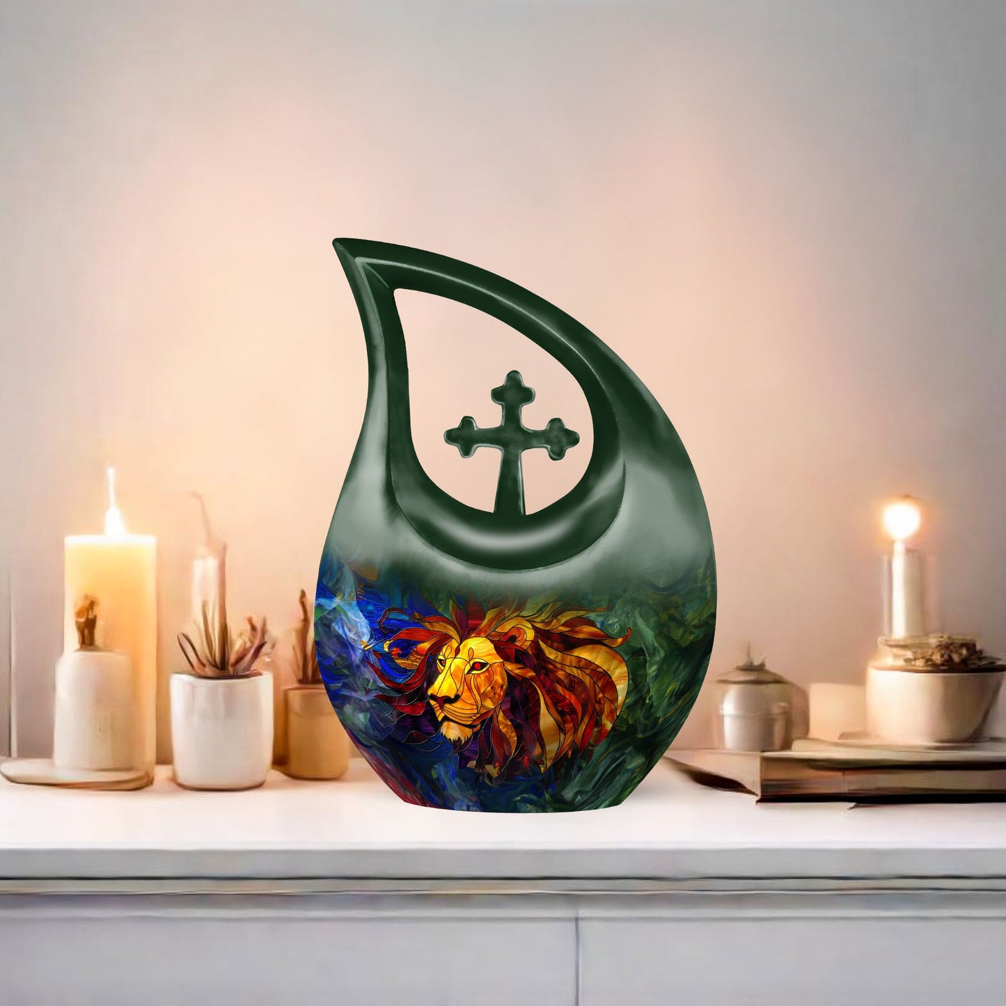 10-inch Lion Urn with Cross Drop design, 