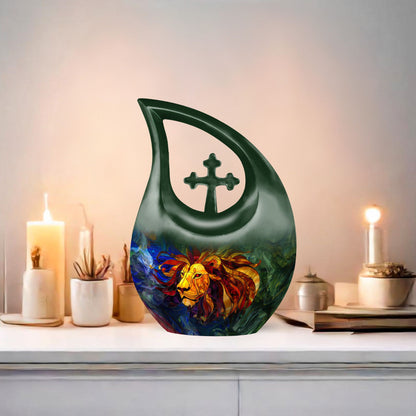 10-inch Lion Urn with Cross Drop design, 