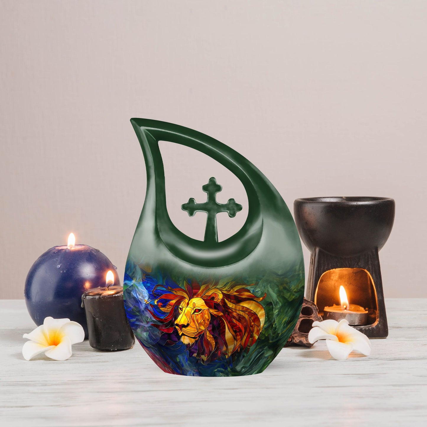 10-inch Lion Urn with Cross Drop design, 