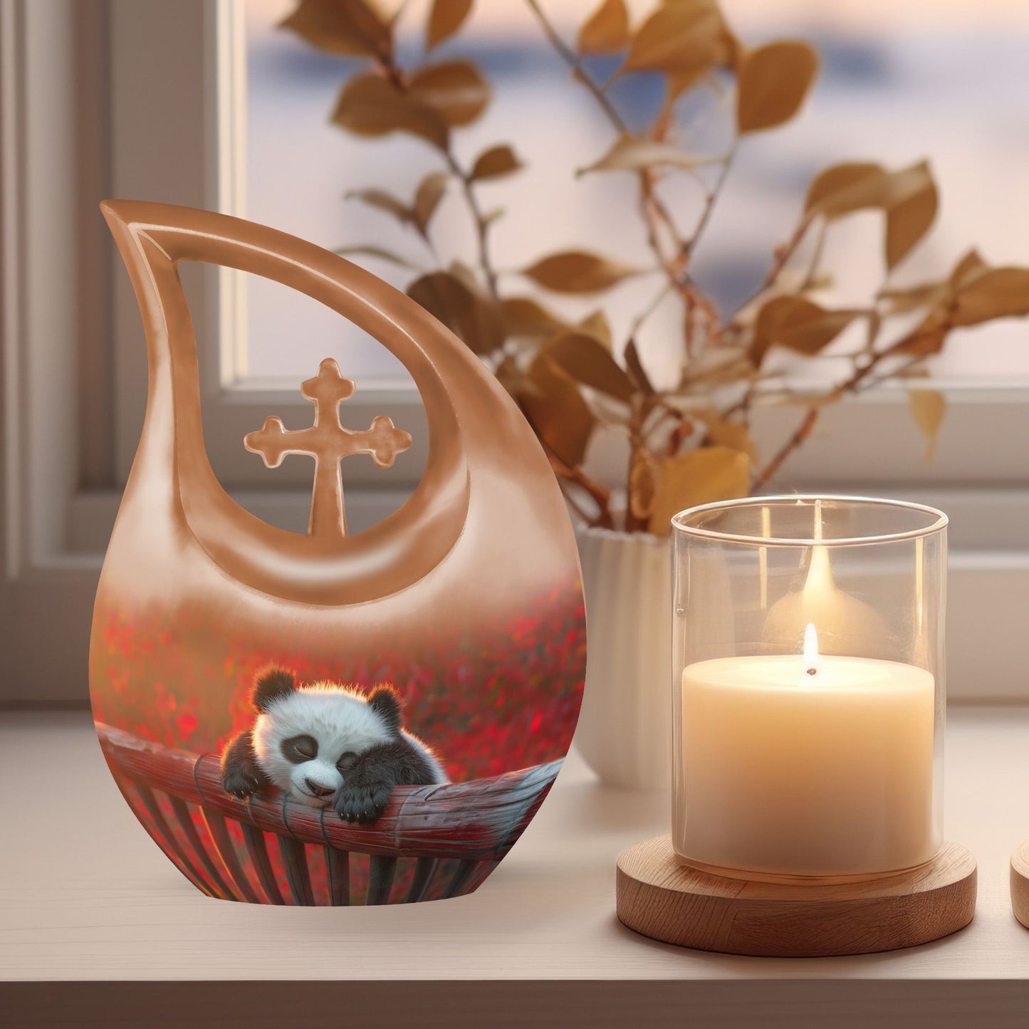 10-inch Panda-themed Cross Drop design large urn,