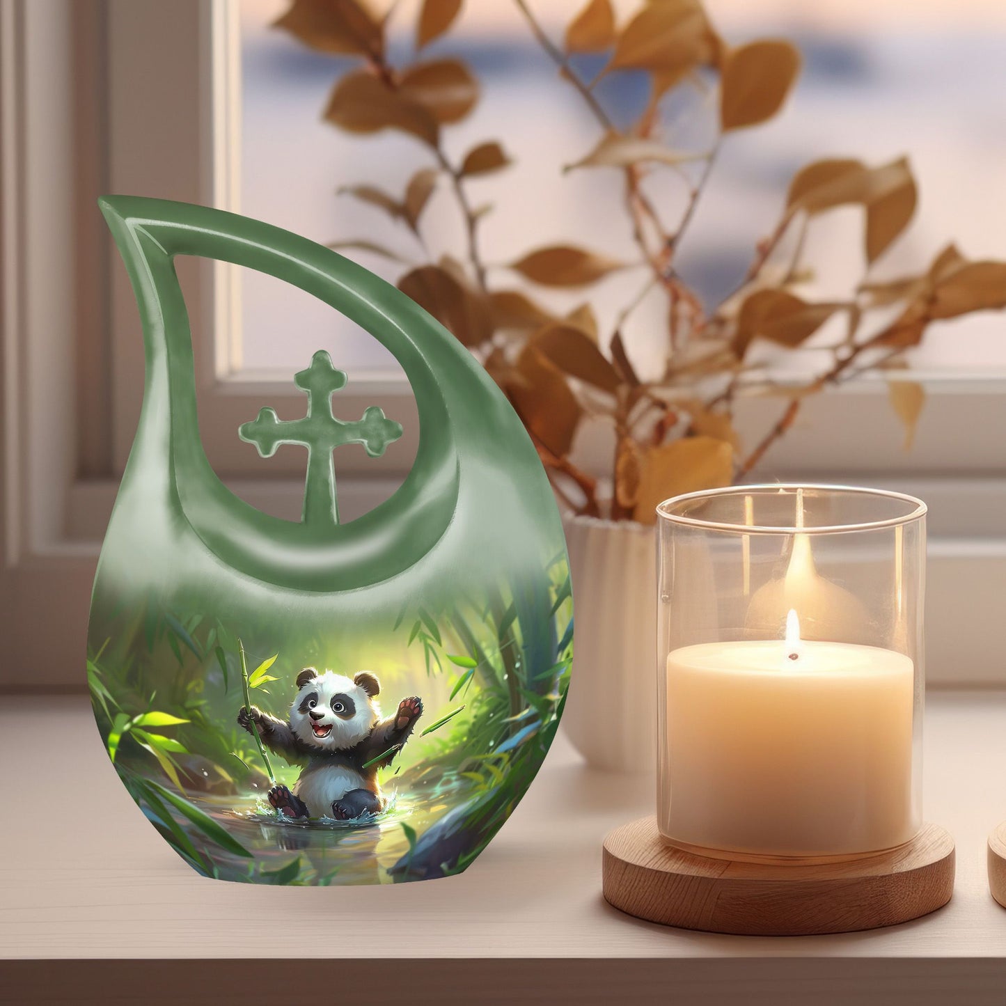 10-inch Panda-themed Cross Drop Design Urn 