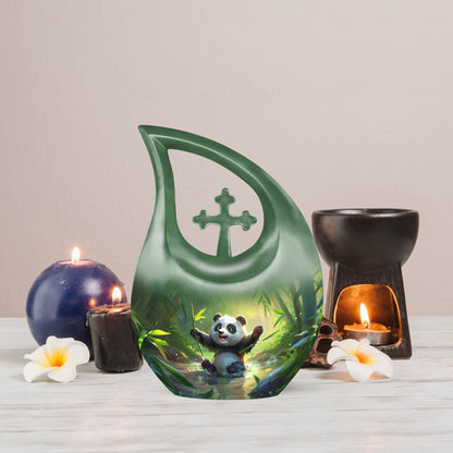 10-inch Panda-themed Cross Drop Design Urn 