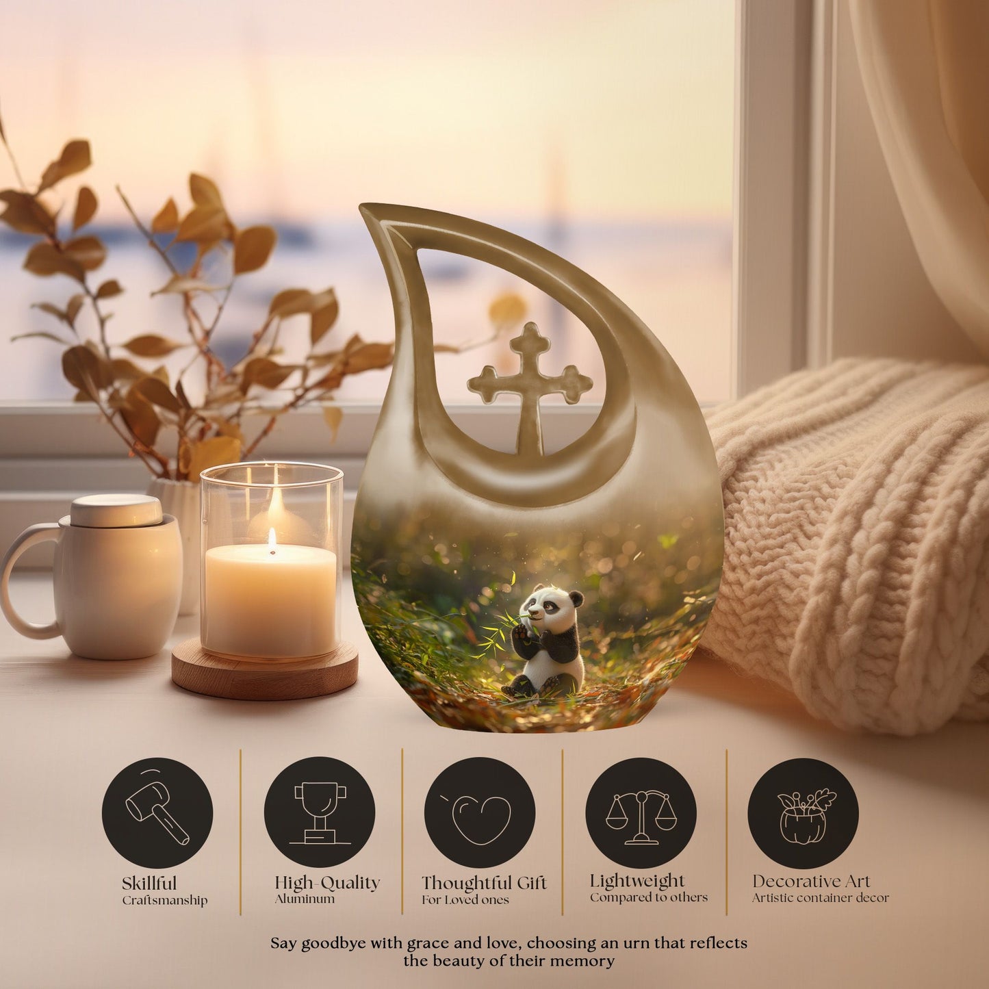 Medium-sized Panda Urn with Cross Drop design, 