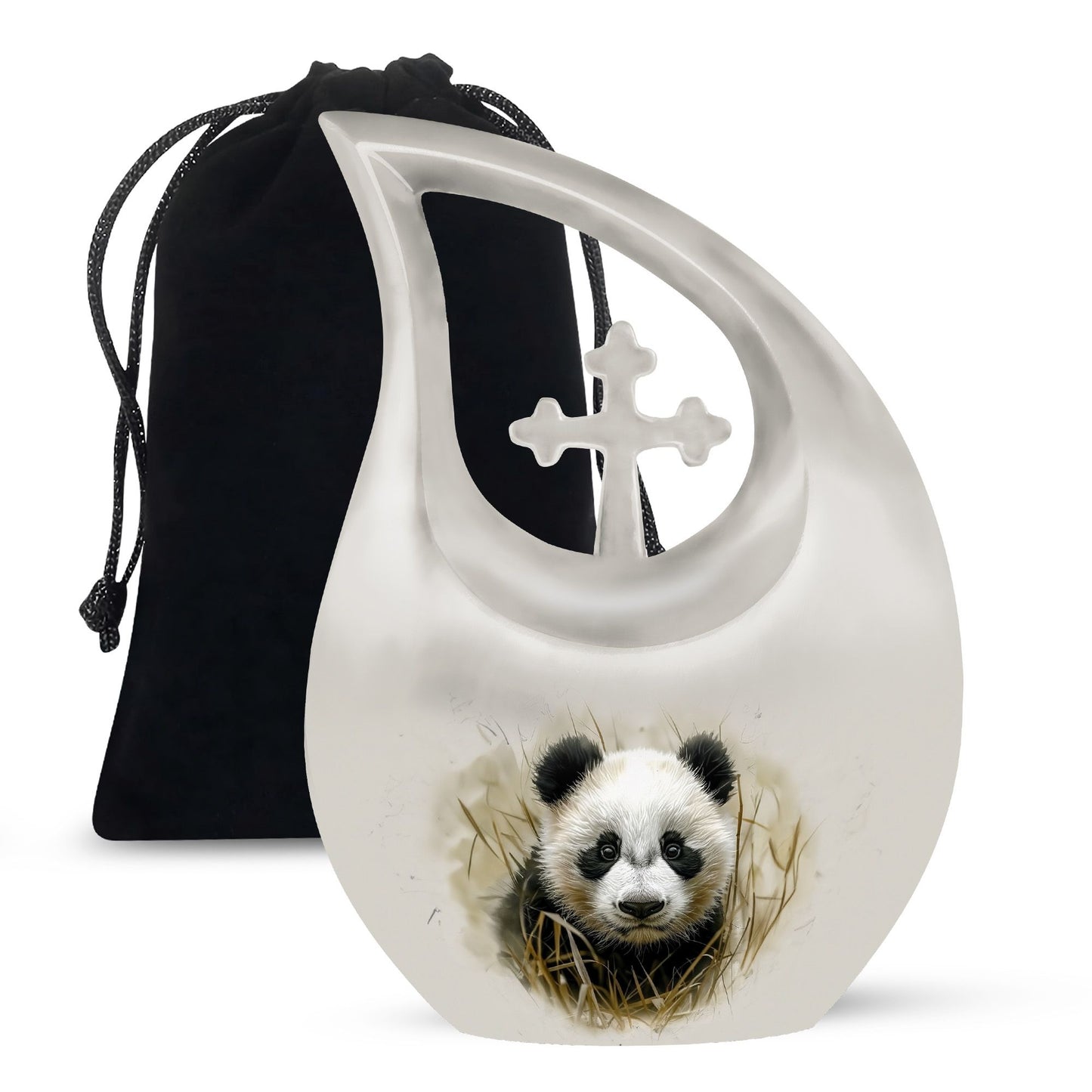 10-inch Panda themed Cross Drop Aluminium Urn 