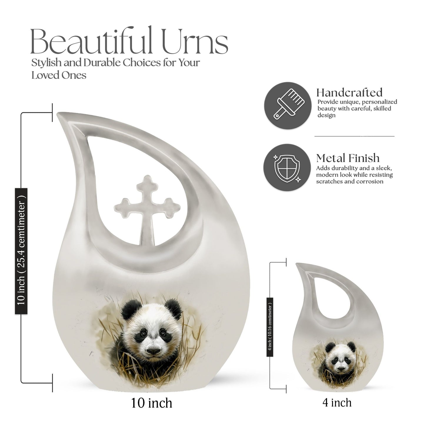 10-inch Panda themed Cross Drop Aluminium Urn 
