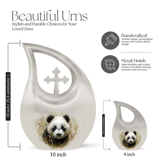 10-inch Panda themed Cross Drop Aluminium Urn 
