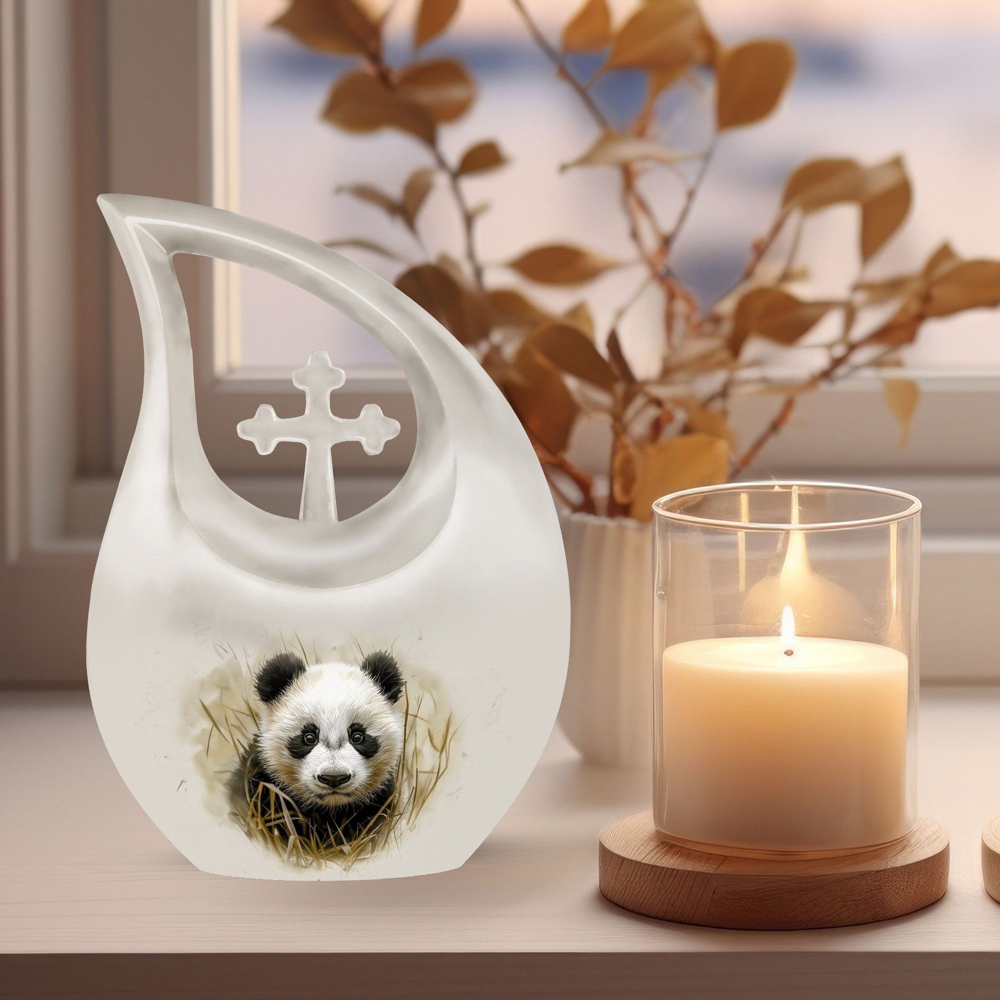 10-inch Panda themed Cross Drop Aluminium Urn 