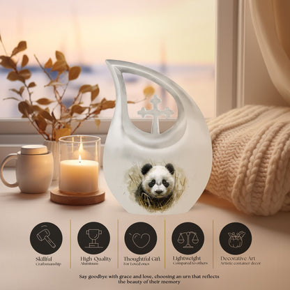 10-inch Panda themed Cross Drop Aluminium Urn 
