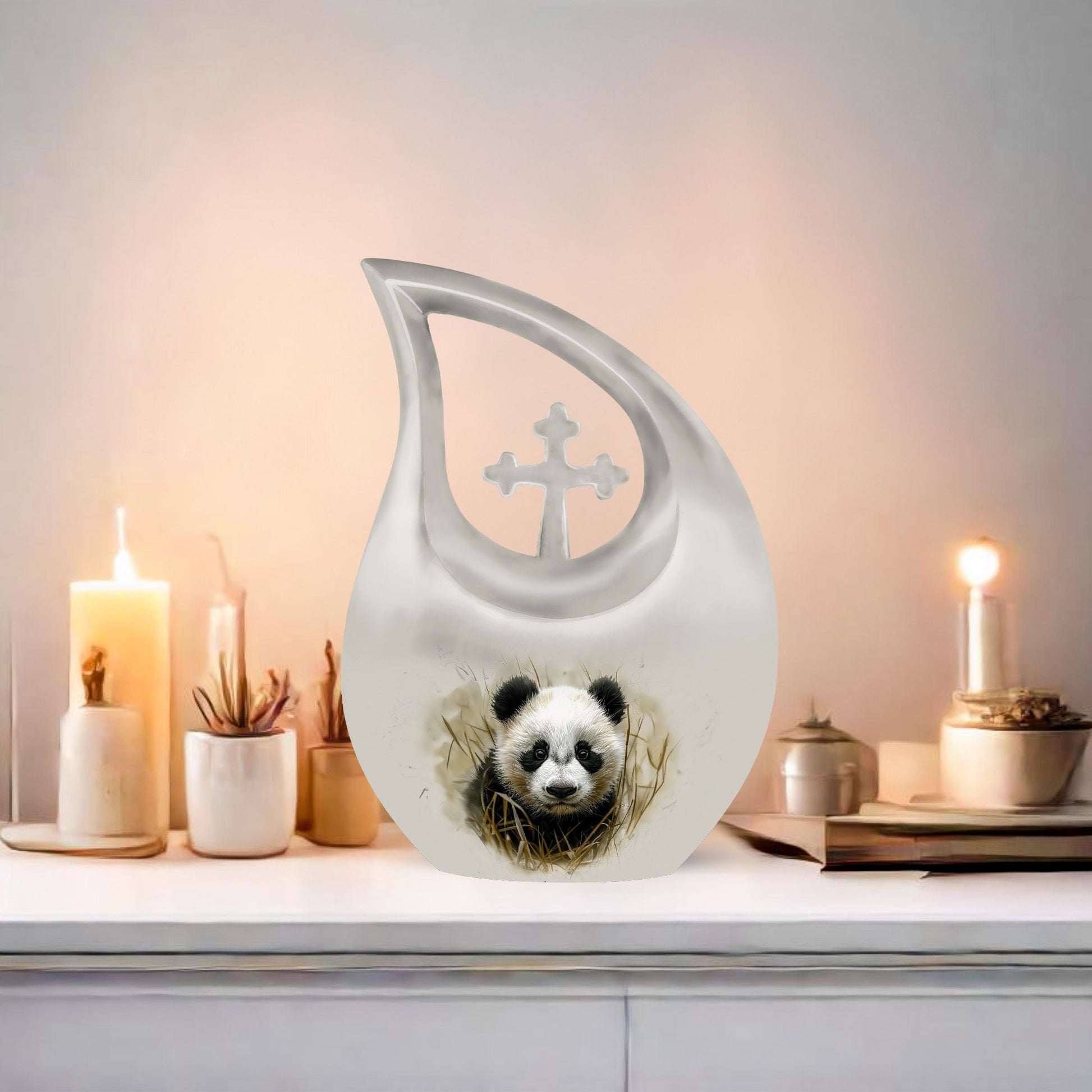 10-inch Panda themed Cross Drop Aluminium Urn 