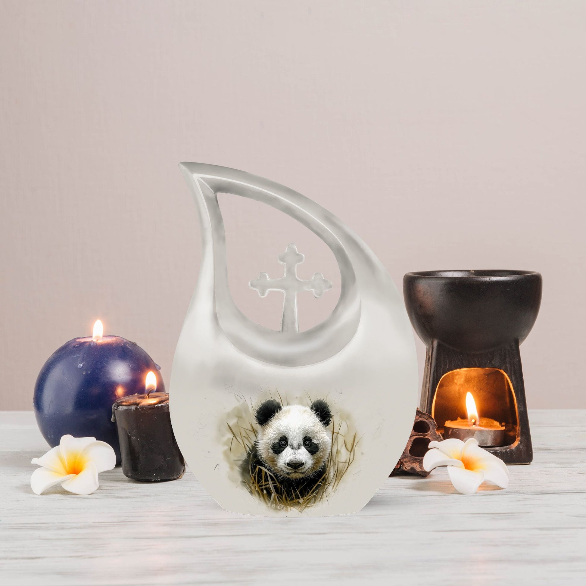 10-inch Panda themed Cross Drop Aluminium Urn 