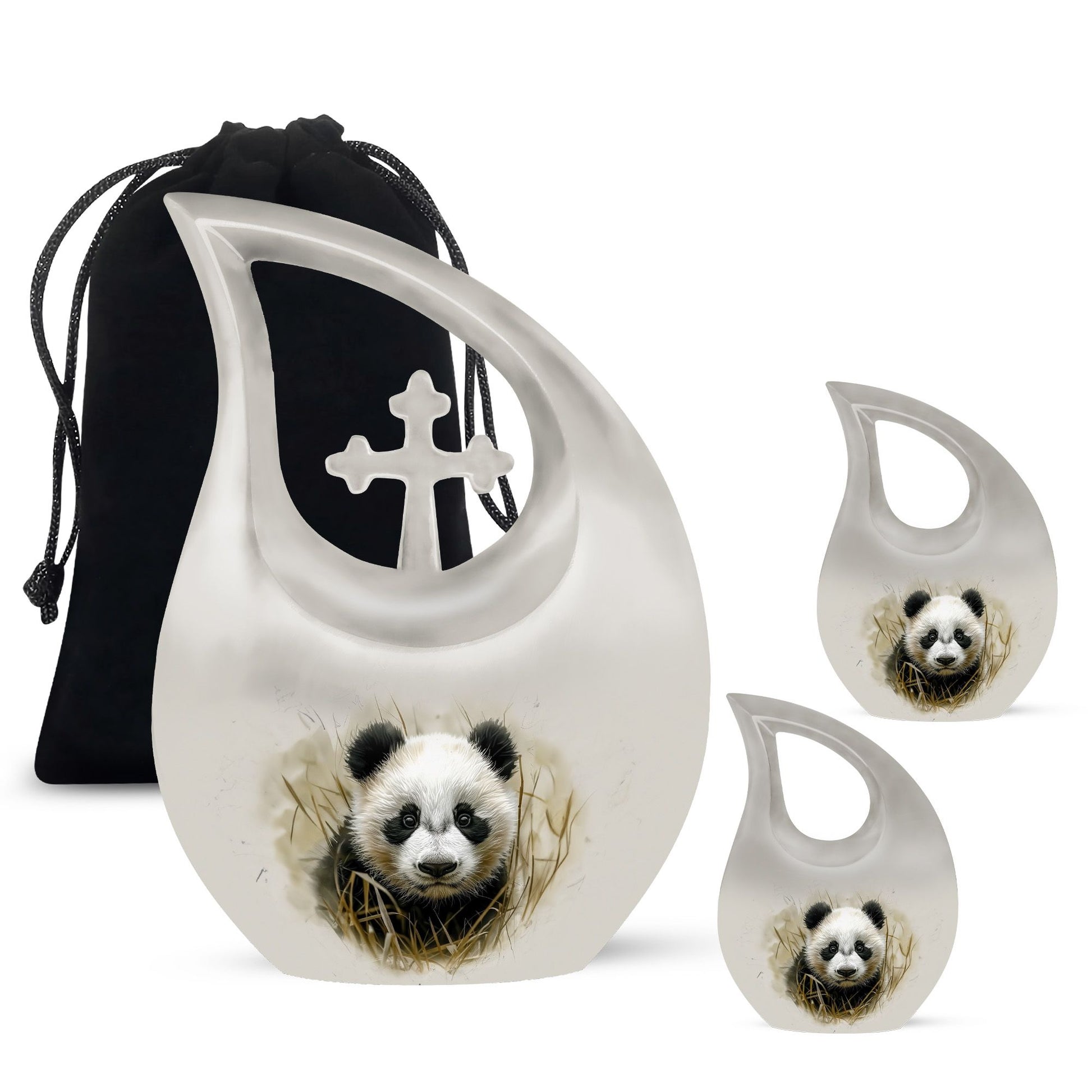 10-inch Panda themed Cross Drop Aluminium Urn 