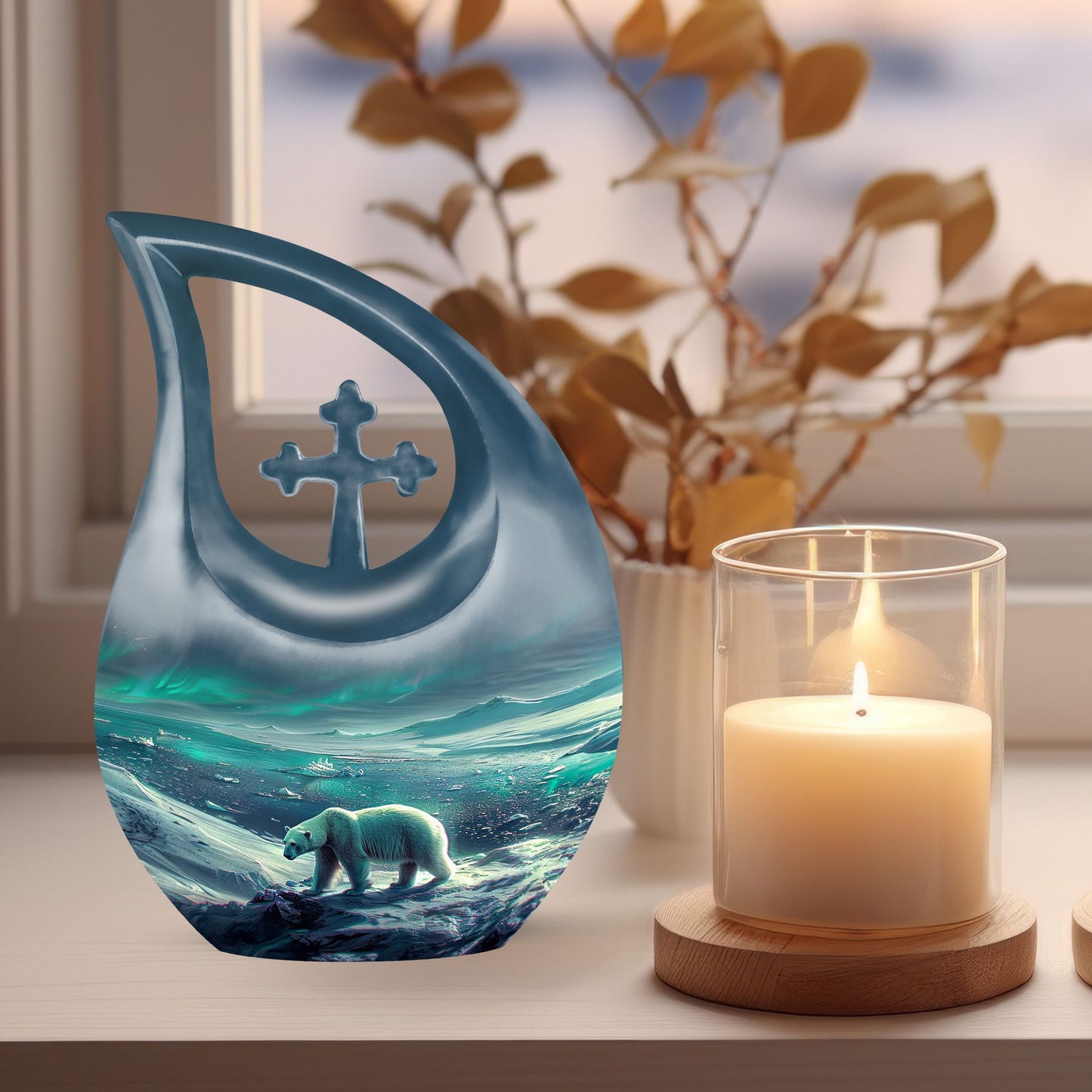 10-inch Polar Bear themed Cross-Drop personalized urn