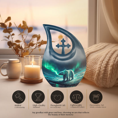10-inch Polar Bear Urn with Cross Drop design, 