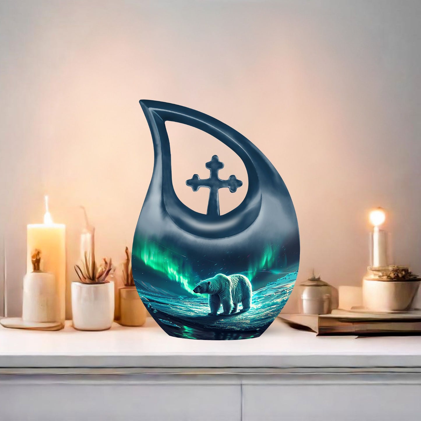 10-inch Polar Bear Urn with Cross Drop design, 