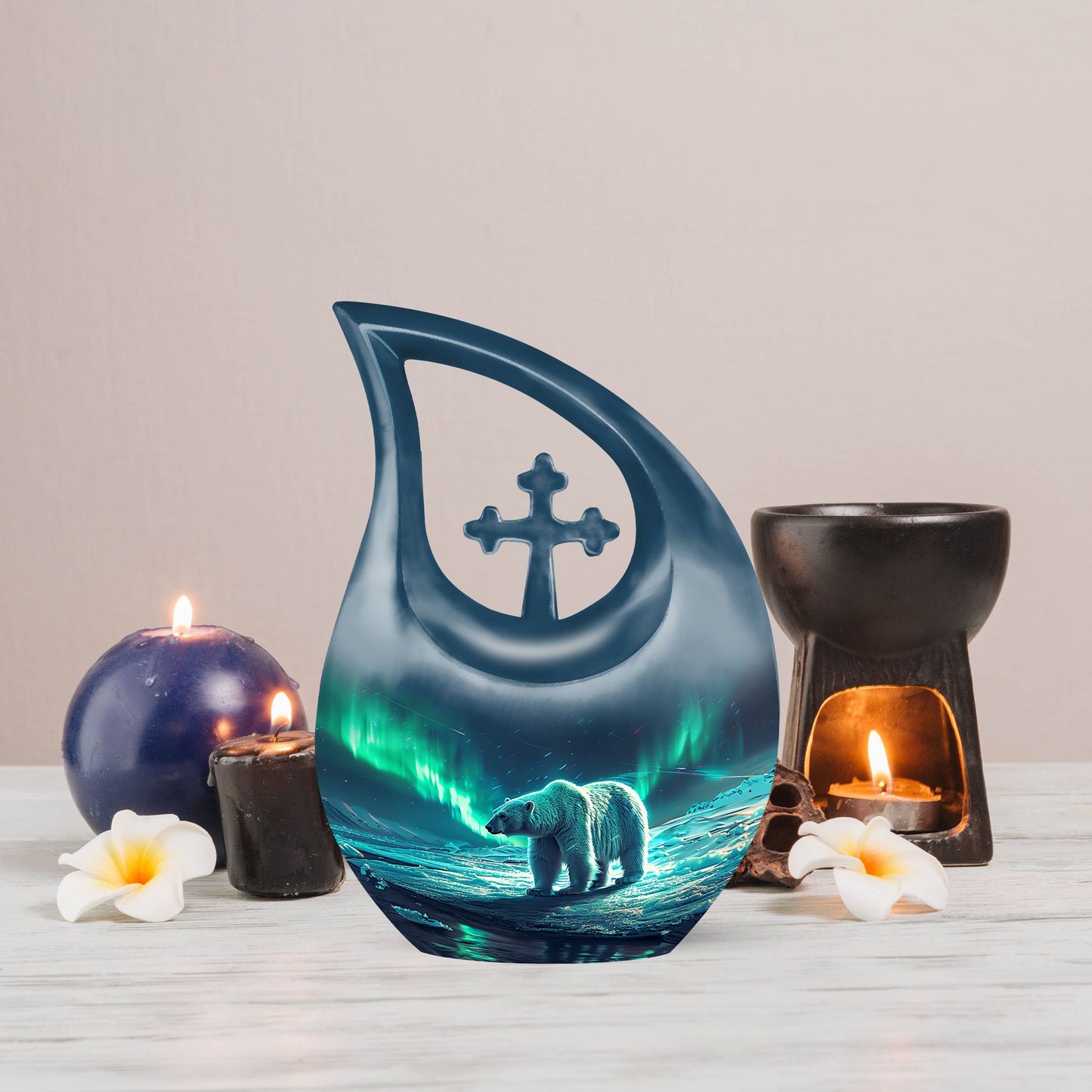 10-inch Polar Bear Urn with Cross Drop design, 