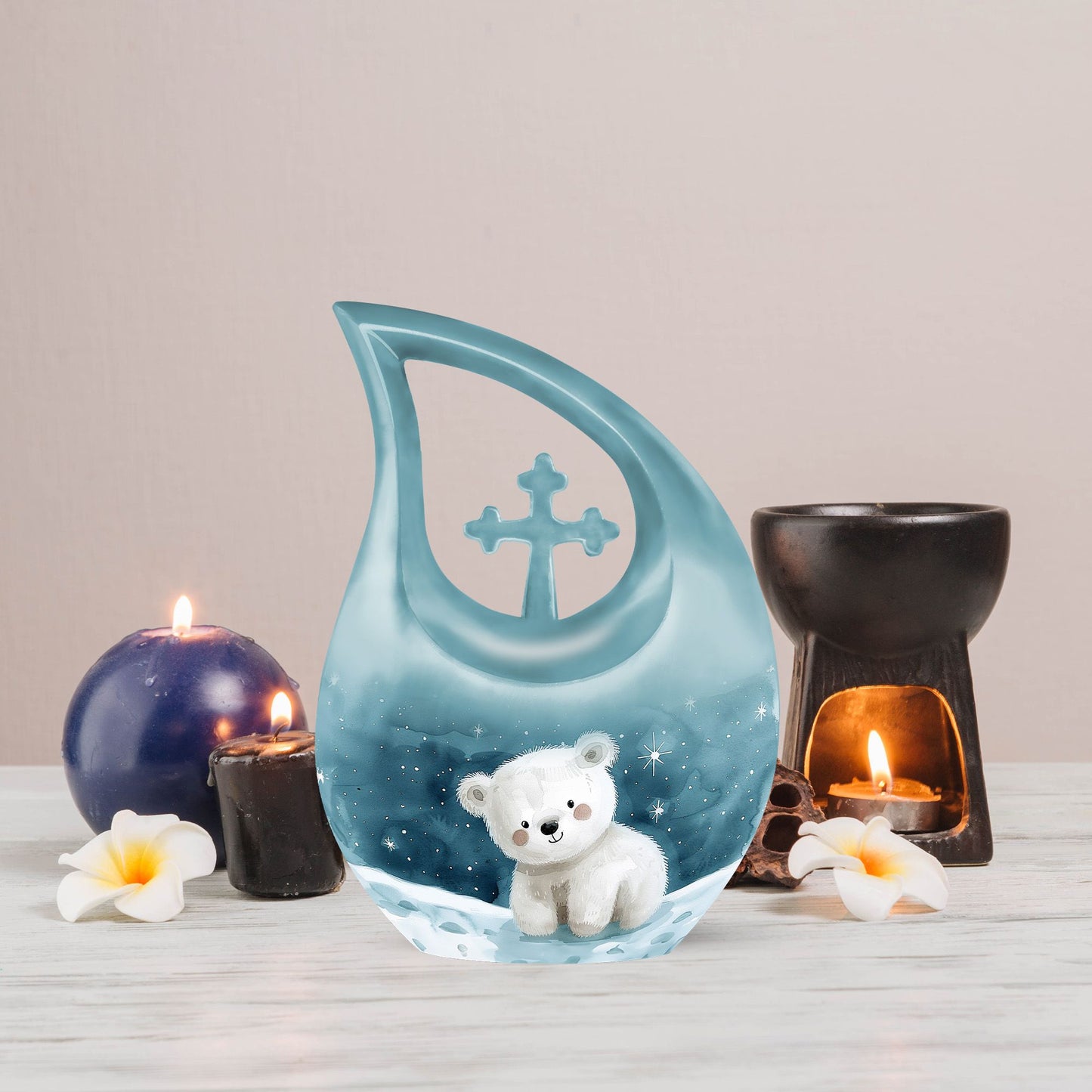 10 Inch Polar Bear Urn with Cross Drop design