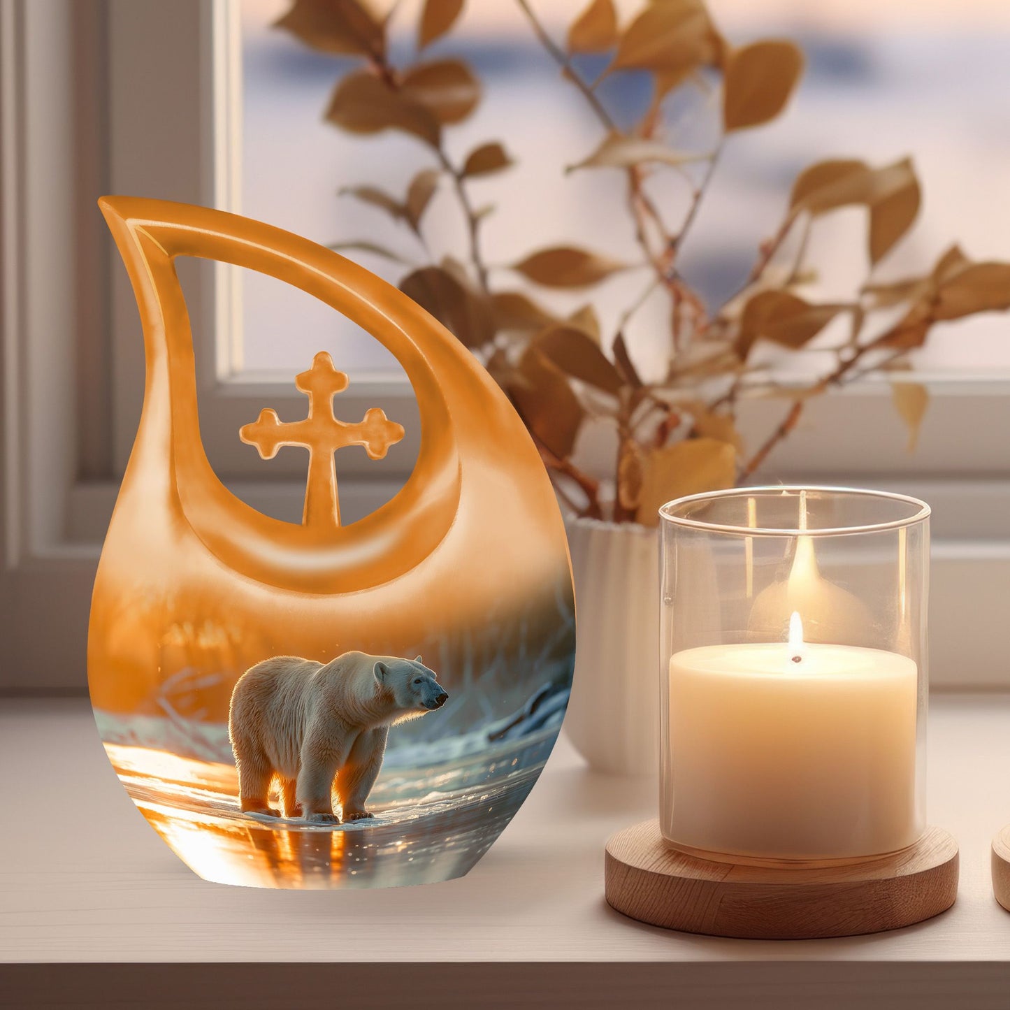 10-inch Polar Bear Urn, Cross Drop design