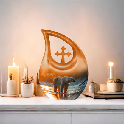 10-inch Polar Bear Urn, Cross Drop design