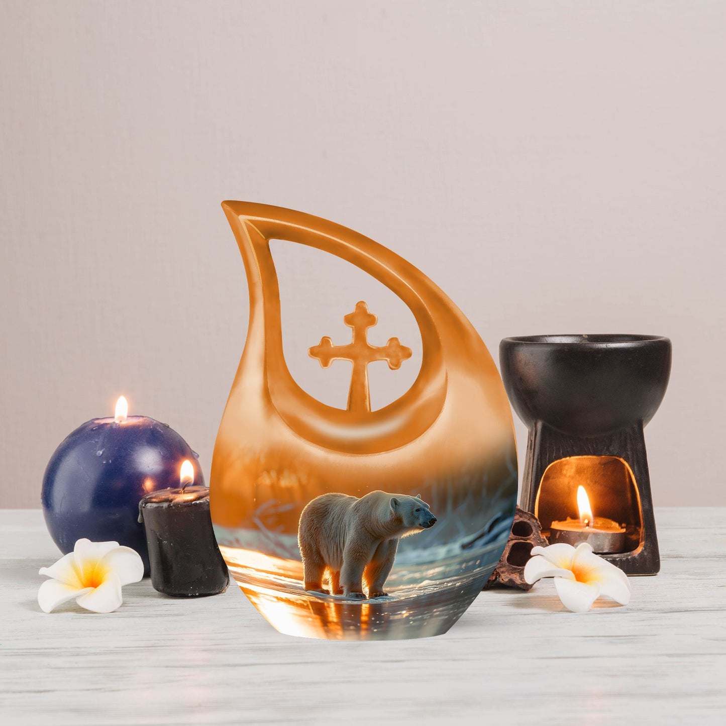 10-inch Polar Bear Urn, Cross Drop design