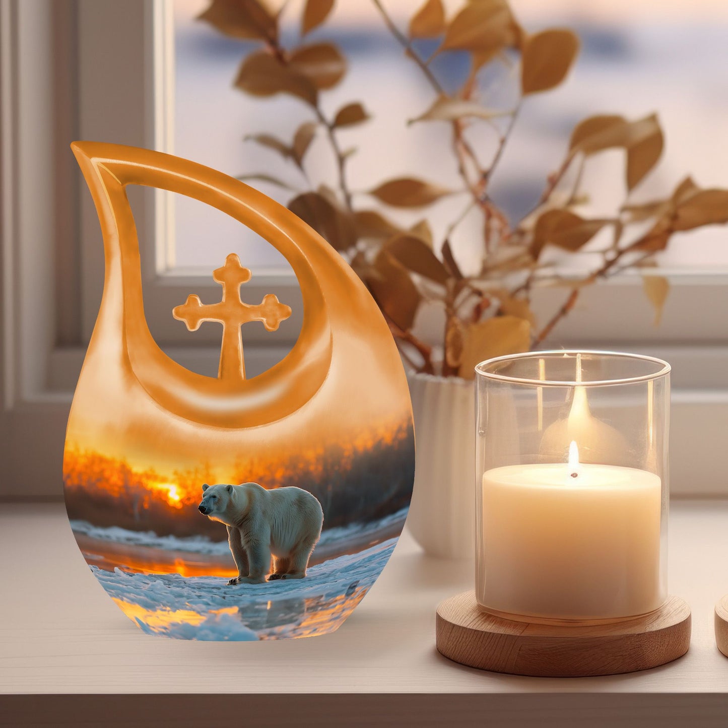 Affordable 10-inch Polar Bear Urn with Cross Drop design