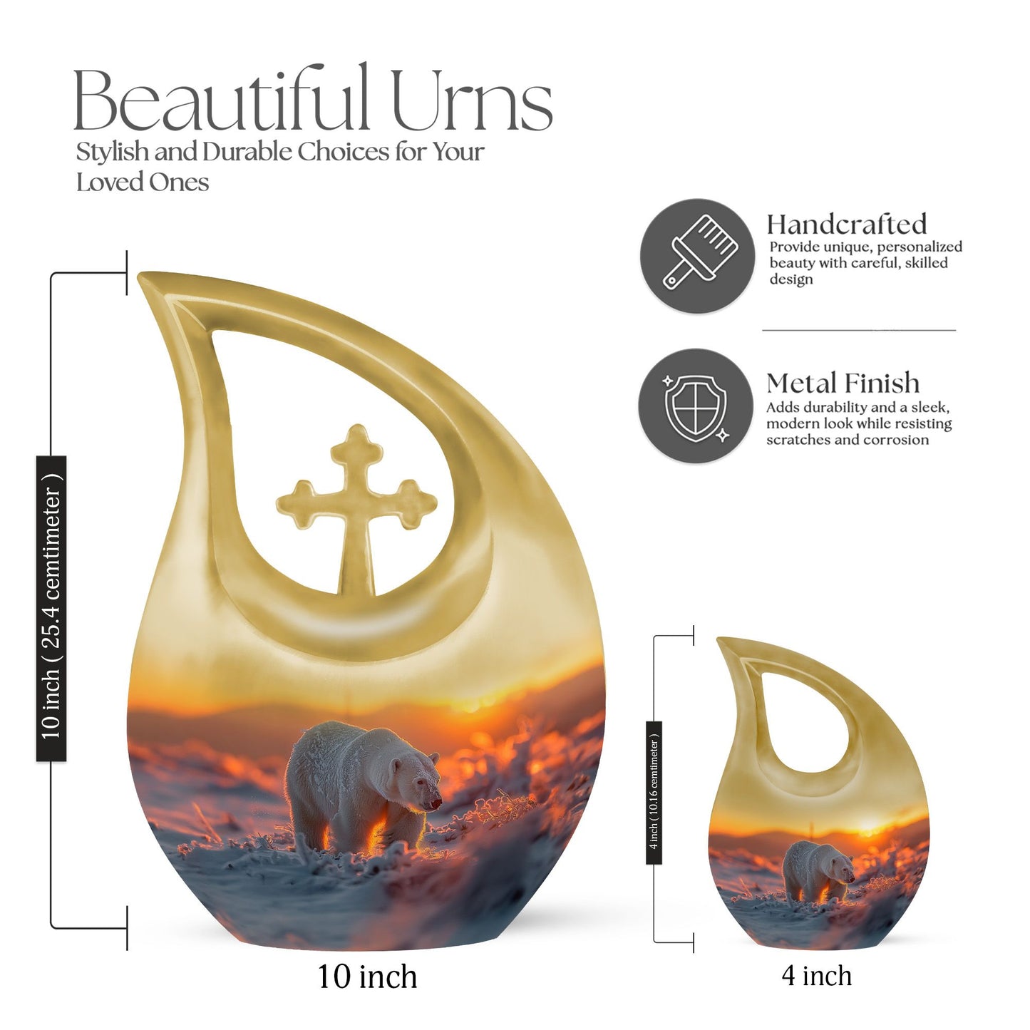 10 inch Polar Bear urn with cross-drop design for human ashes